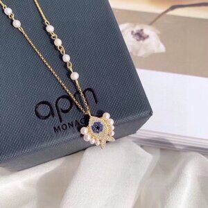 (APM)Monaco Gold Necklace with Blue and Pearl Accents